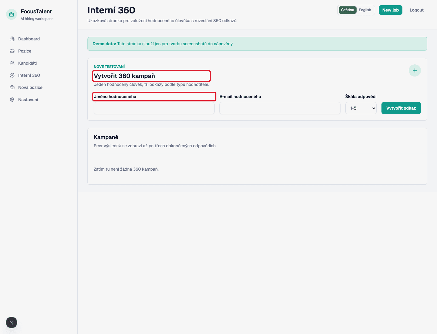 Interní 360 ve FocusTalent se zvýrazněným formulářem Vytvořit 360 kampaň
