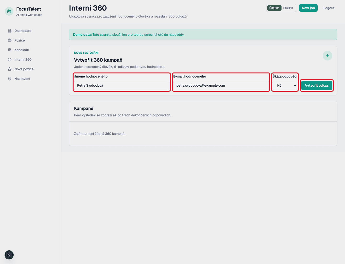 Formulář 360 kampaně se zvýrazněnými poli pro hodnoceného člověka