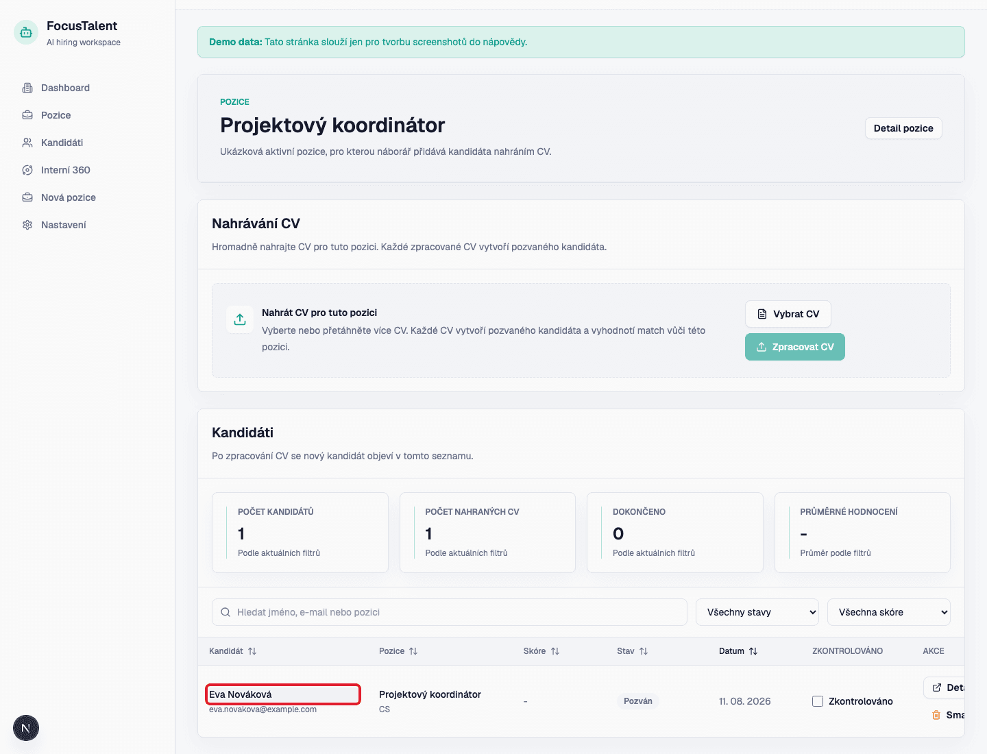 Seznam kandidátů pro pozici se zvýrazněným nově pozvaným kandidátem